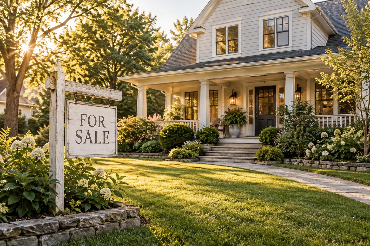 A well-kept suburban home at golden hour with a weathered For Sale sign in the yard